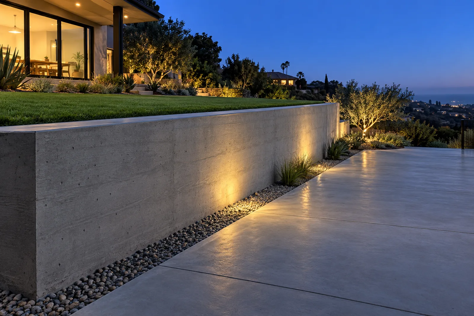 Poured concrete retaining wall with board-formed texture holding a level lawn above a dry concrete patio, lit at dusk