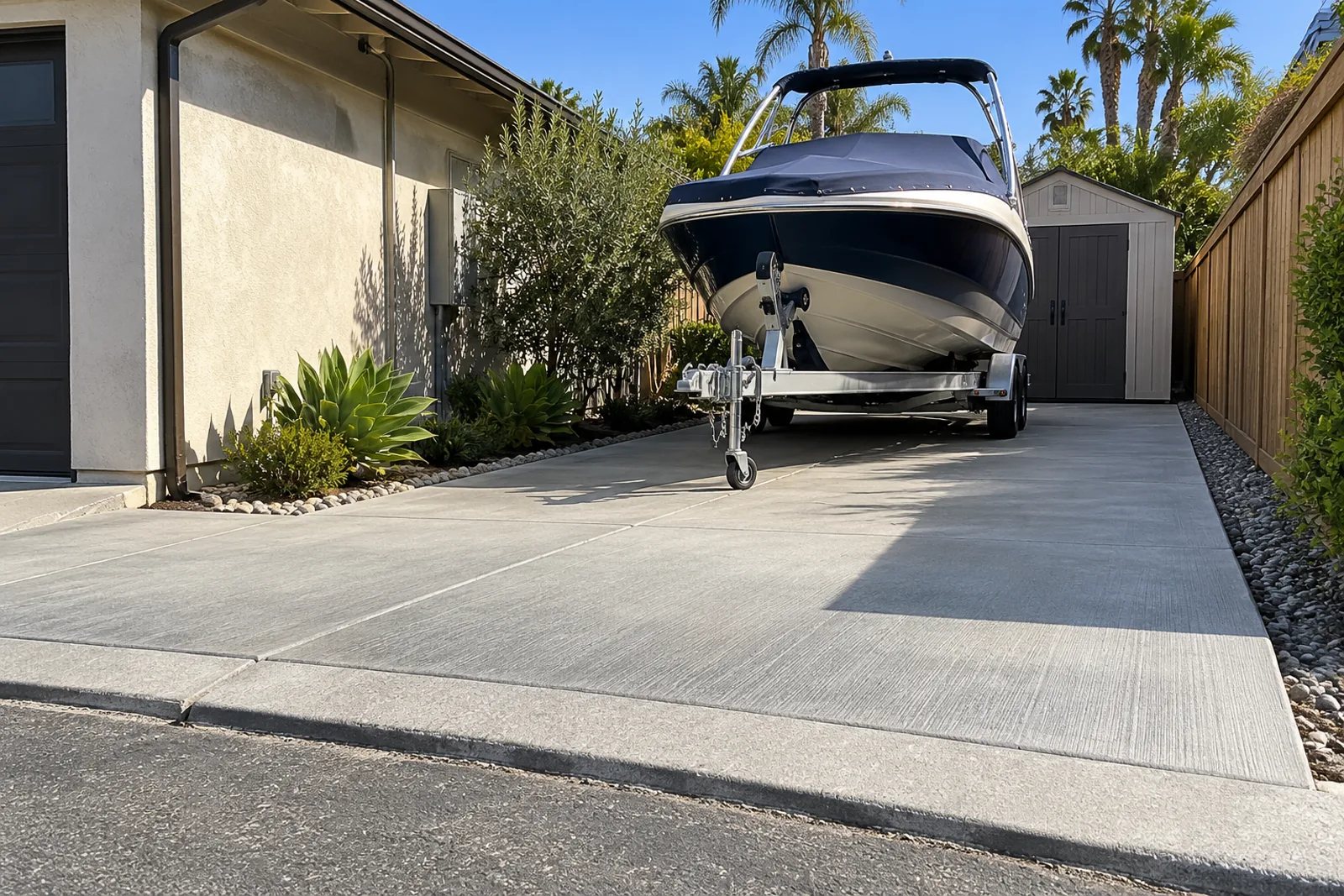 Broom-finished concrete side-yard pad holding a covered boat on a trailer beside a small storage shed, sloped toward the street