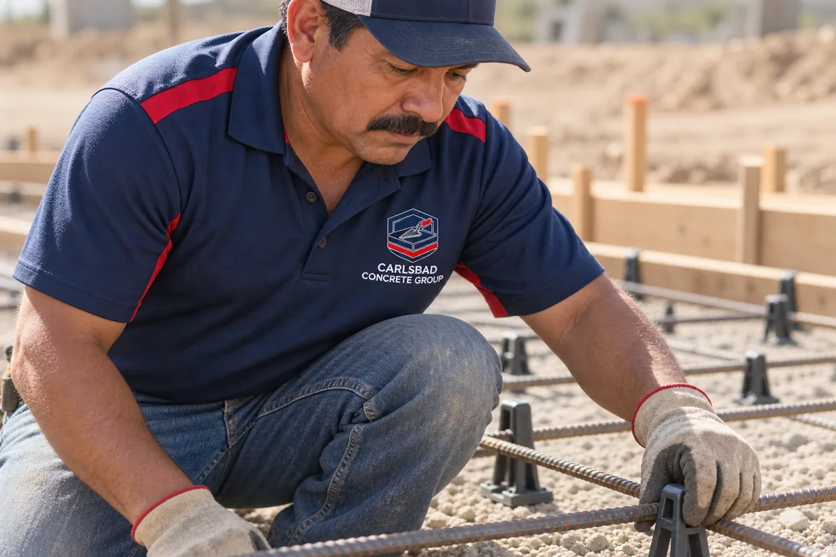 Location manager in a cap and work gloves kneeling to check rebar chairs on a compacted gravel base inside wood forms
